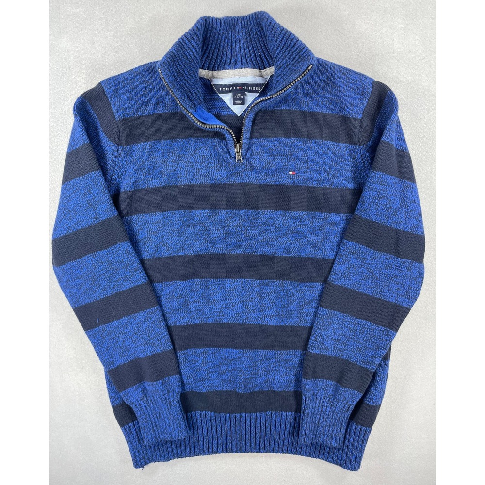Tommy Hilfiger Boys Sweater Quarter Zip Blue Navy Striped Knit L 16/18